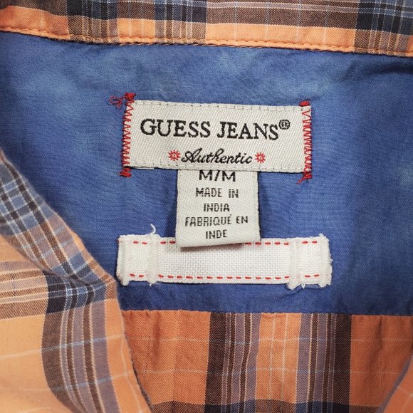 Guess Shirt Mens Medium Light Salmon Plaid Unique Wood Snap Rodeo Cowboy Western - Picture 2 of 15